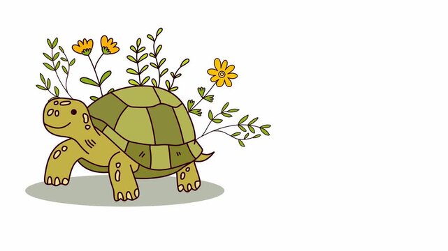 small turtle walking with garden of flowers on its shell