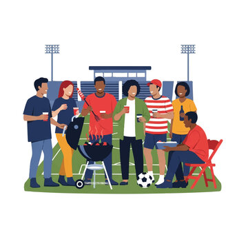 A diverse American group having a tailgate party with a grill and a soccer ball in a stadium parking lot, high contrast lighting, social and energetic mood, 5 colors: navy, red, white, grass