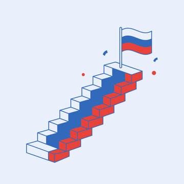 Russian flag atop ascending stairs symbolizing success and journey