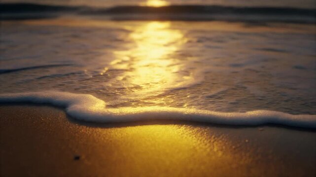 Golden sunset reflects on the gentle waves of the ocean, casting a warm glow on the wet sand of the beach