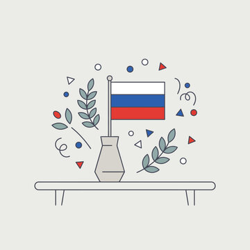 Russian flag in a vase on a shelf with branches, confetti, and small decorative dots