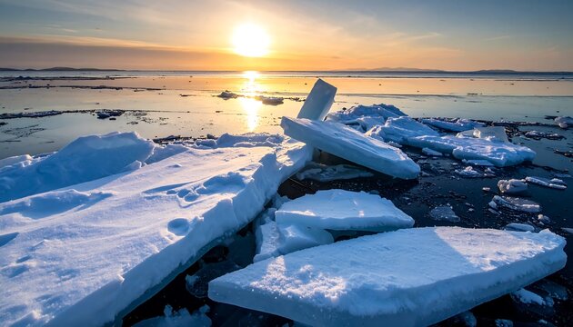 A scenic coastal landscape with sunlight reflecting on the water and ice chunks in the foreground at sunset