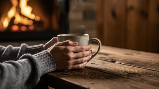 Cozy hands holding a steaming mug by a wooden table near a warm fireplace in a rustic home setting