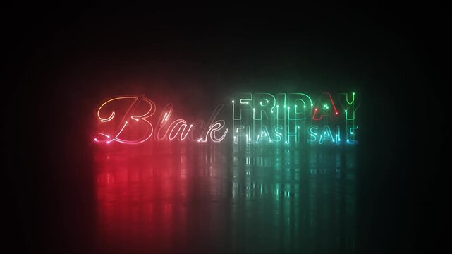 Animation text of Black Friday Flash Sale laser neon glitch text effect cinematic title on black abstract backgroud. 