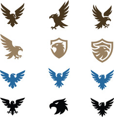 Fototapeta premium Collection of twelve vector logos featuring eagles, birds, and shields in brown, gold, blue, and black colors. Symbolizes strength