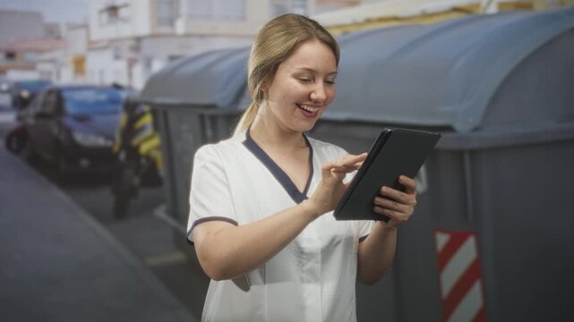 Woman nurse in white uniform holding tablet and tapping screen while smiling, fist pump gesture on street beside large bin and parked car; caregiving joy.