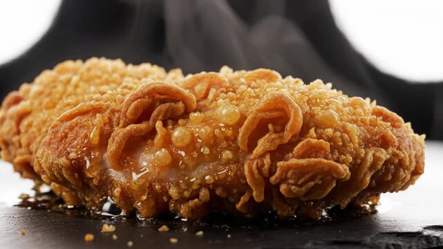 Extreme close-up of a single piece of golden brown crispy fried chicken on a dark stone surface, highlighting the detailed crunchy breading texture and glistening oily surface.