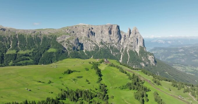 Aerial shot of Sciliar Massif, Alpe di Siusi, Dolomites, Italy