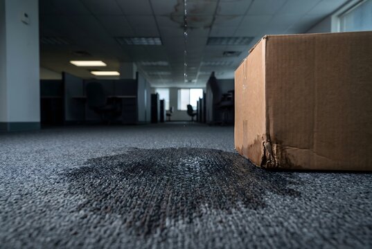 Deep perspective of an office carpet with a dark water stain from a ceiling leak and soggy box