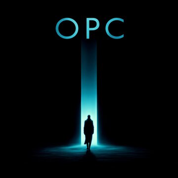 Mysterious Figure Standing Before Glowing Tech Gateway with OPC Marking