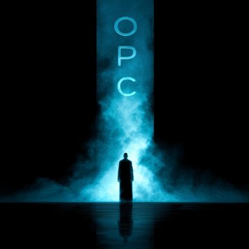 Mysterious Figure Standing Before Glowing OPC Neon Sign in Dark Chamber