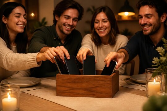Friends putting phones away during dinner to enjoy a digital detox and conversation