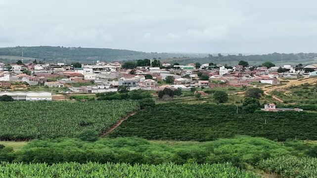 Panorama a&eacute;reo capturando a transi&ccedil;&atilde;o entre &aacute;reas rurais de cultivo, com destaque para planta&ccedil;&otilde;es de banana, e o centro urbano da cidade de Utinga, localizada na regi&atilde;o da Chapada Diamantina, Bahia.