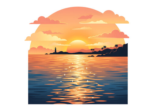 orange sunset over ocean with reflection png on transparent background