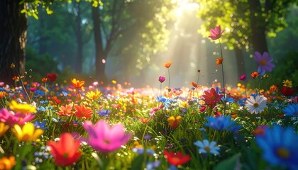 Obraz premium A vibrant meadow explodes with colorful wildflowers, bathed in sunlight, surrounded by trees