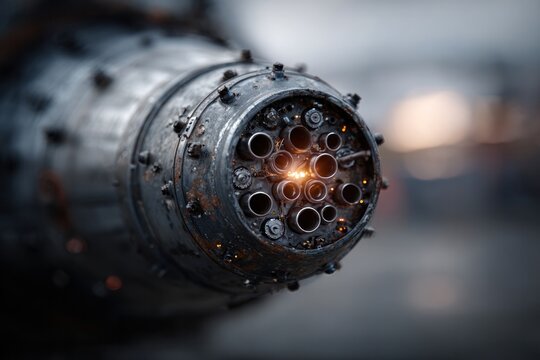 Close-up of a mechanical engine nozzle with glowing elements