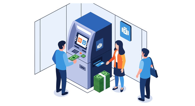 People using an automated teller machine for banking transactions in an isometric illustration.