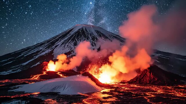 Snow-covered volcano under a starry night sky with the Milky Way, featuring active volcanic eruptions with glowing molten lava, smoke, and steam vents in a winter landscape.