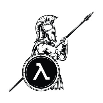 spartan warrior with shield and spear in black and white