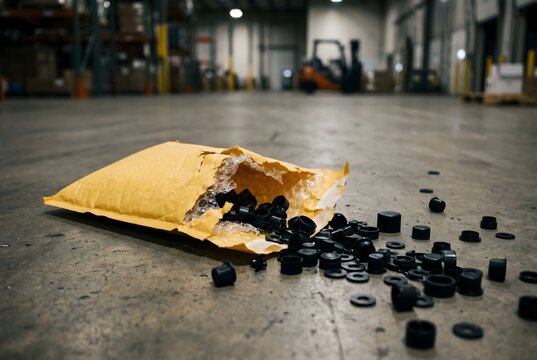 Diagonal perspective of a warehouse floor with a torn bubble mailer and scattered plastic parts