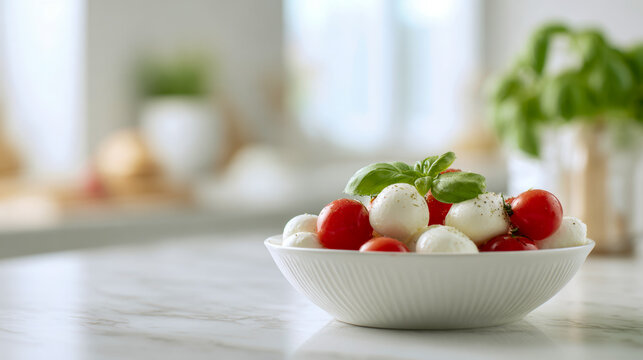 Fresh mozzarella balls and ripe cherry tomatoes garnished with basil leaves served in a white bowl on a marble kitchen countertop in bright natural light