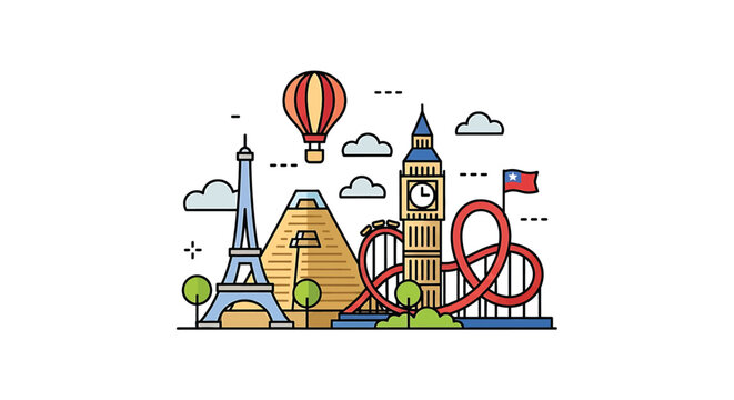 Colorful illustration of famous landmarks.
