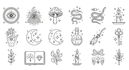 Mystical symbols, bohemian icons, 20 line illustrations, black and white, magic, spiritual, occult, witchcraft, astrology, vector graphics © London