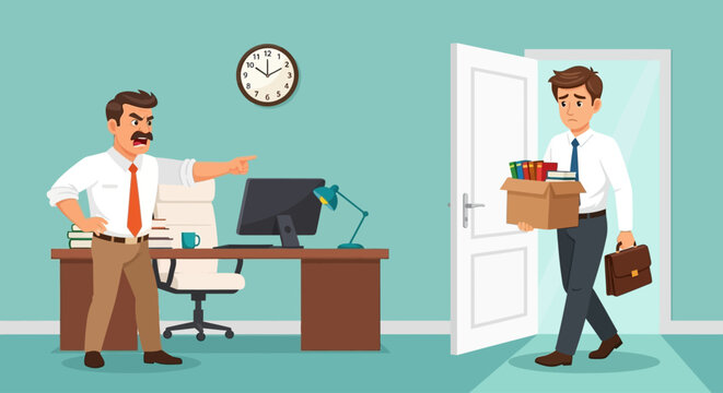 Office scene, quitting job, man leaving workplace, cartoon coworkers, business departure