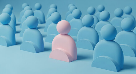 Obraz premium Pink Individual Standing out from Crowd of Blue People Figures Demonstrates Standing out, Individuality and Uniqueness