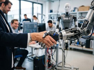 Fototapeta premium Man and robotic arm shaking hands with robot in background of lab, artificial