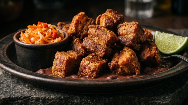 Haitian Griot Fried Pork with Pikliz, Dark Moody Caribbean Soul Food Photography