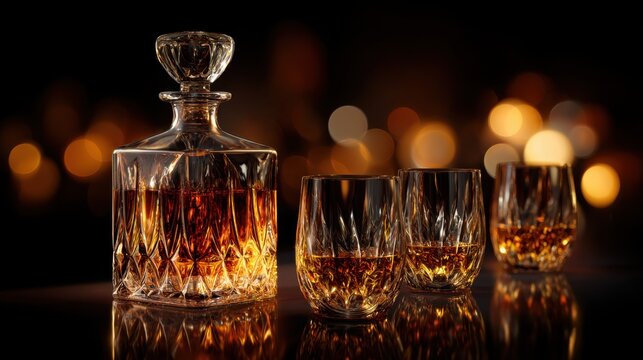 Elegant crystal decanter and whiskey glasses reflecting warm amber tones with a luxurious bokeh background perfect for upscale evening gatherings and celebrations