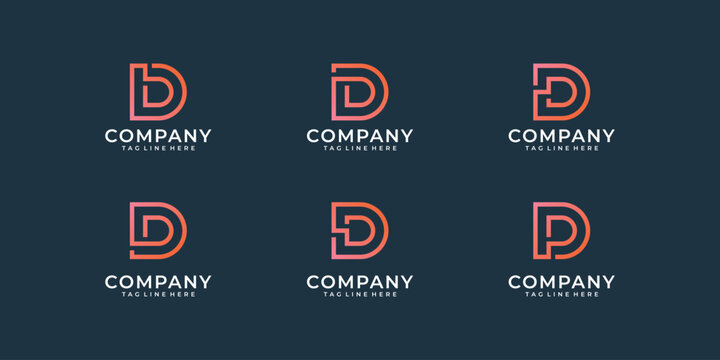 Six different designs for a letter D logo with the placeholder text COMPANY and TAGLINE HERE below each design