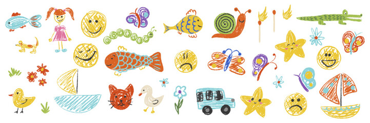 Hand Drawn Set of Animal and Transport Doodles. Aesthetic Crayon and Chalk Collection with Crocodile, Boat and Bus for Kids. Naive Childlike Vector Illustration for Nursery and School. © Marharyta