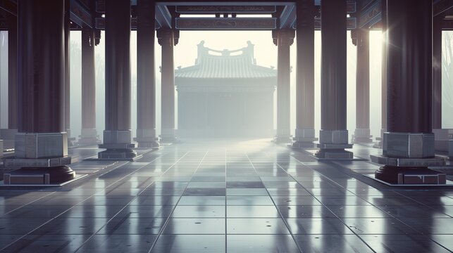 Traditional temple corridor with misty morning sunlight