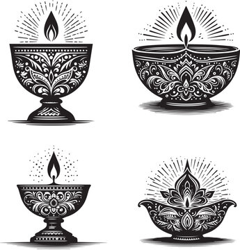 Diwali Diya Oil Lamp Silhouette Set  Decorative Indian Festival of Lights Graphics with Floral Mandalas and Glowing Flames
