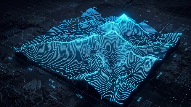 Digital Topography: A mesmerizing digital representation of a mountain range is brought to life through intricate lines, gradients, and a soothing blue hue, revealing the complex geological form