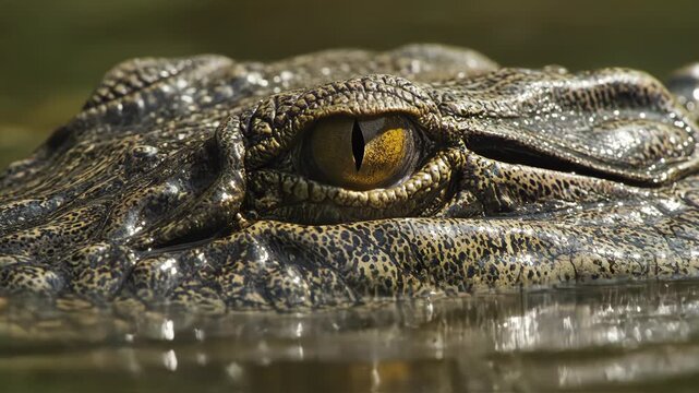 Extreme close-up macro shot of a crocodile head partially submerged in water, focusing on the yellow eye with a vertical pupil and detailed textured scales in natural light.
