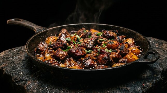Kyrgyz Kuurdak Fried Lamb Offal, Dark Dramatic Nomadic Central Asian Food Photography