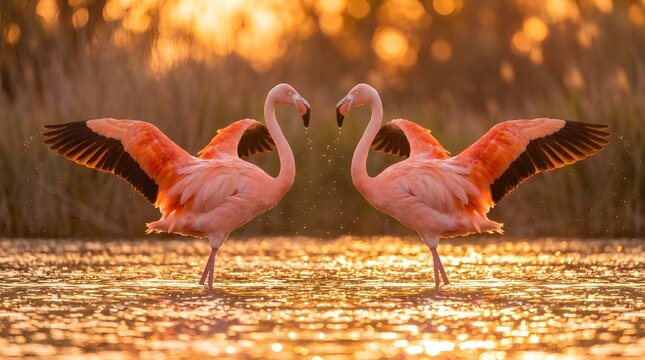 Two flamingos with wings spread standing in shallow water at sunset