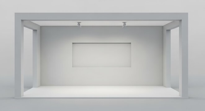 Empty white exhibition booth with recessed wall and spotlights, minimalist design.