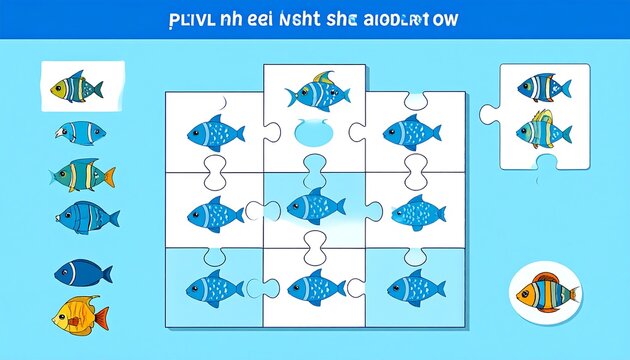 A puzzle featuring blue and colorful fish, ready to be assembled. Background is blue