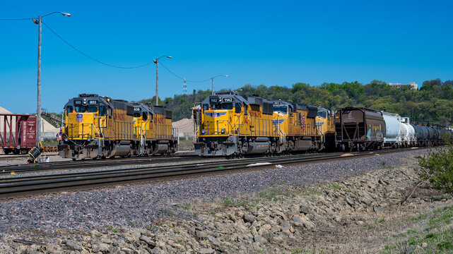 Saint Paul, Minnesota, USA - May 3, 2026 - Five Union Pacific locomotives await their next assignment at Pigs Eye Yard on a pretty spring morning