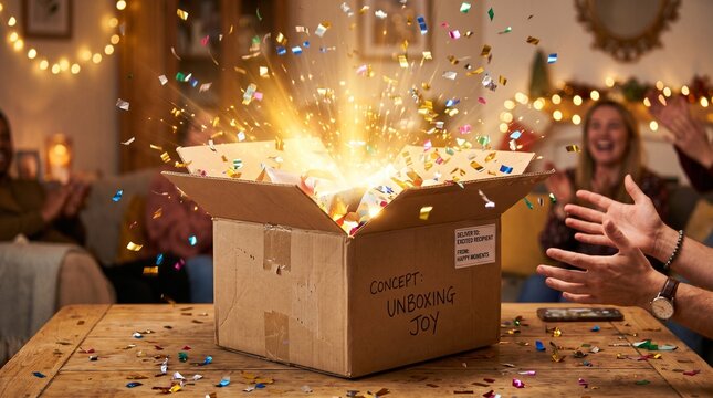 Box of Wonder: A cardboard box erupts with glittering confetti and radiant light, signifying a moment of delightful surprise and joy. Captured in a warm, festive setting. 