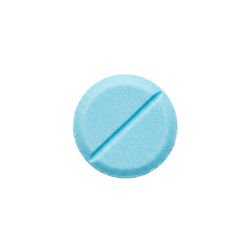 A single spherical blue pill with a clean diagonal score line centered on a transparent background, capturing a minimalist clinical medicine atmosphere