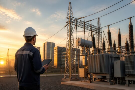 Engineer inspecting electrical substation at sunset with tablet