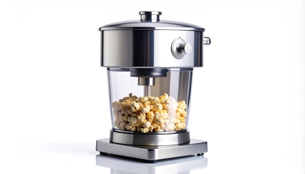 Electric Popcorn Maker with Popped Kernels in Clear Container.