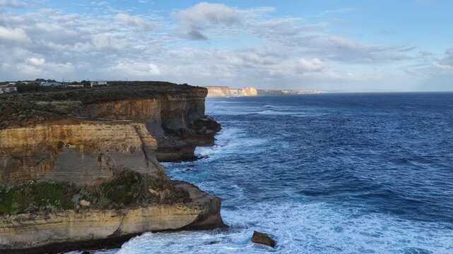 Port Campbell, Great Ocean Road, Victoria, Australia &ndash; 4K Aerial Drone Footage of Coastal Cliffs, Jetty, Ocean Waves, Creek, Seaside Townscape and Scenic Port Campbell Bay.