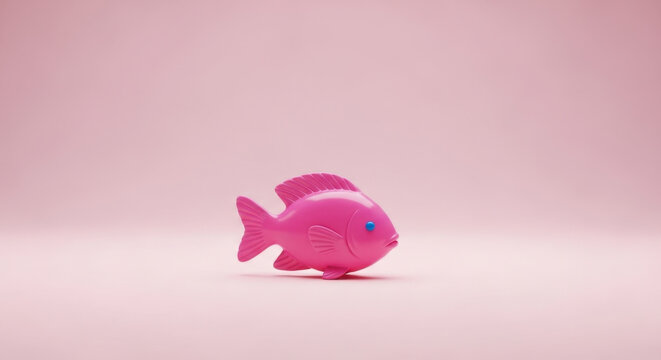 Minimal Plastic Pink Toy Fish On Pink Background Playful Studio Shot Still Life Object Cute Design Childhood Creative Art