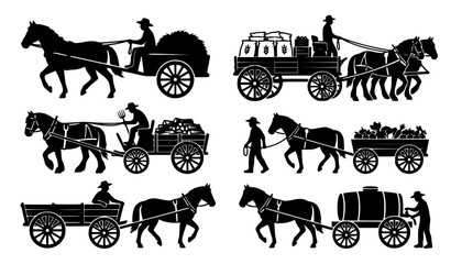 Farm cart silhouettes vector horse farmer rural transport collection © MstKamrun